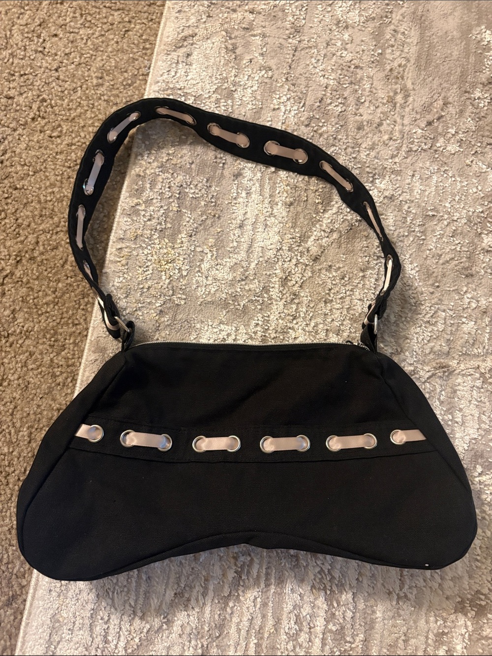 Black Shoulder Bag with Silver Eyelet Detail